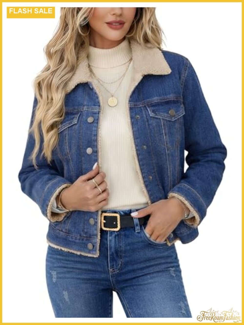 Women's Sherpa Lined Denim Jacket Fleece Jean Coat Fur Collared Button Down